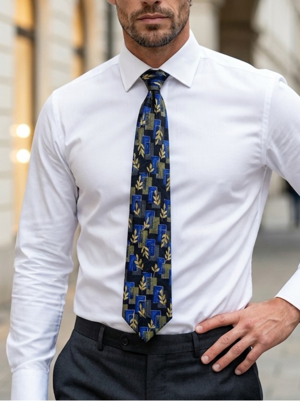 Hugo Boss Geometric Leaf Pattern Blue and Gold Tie